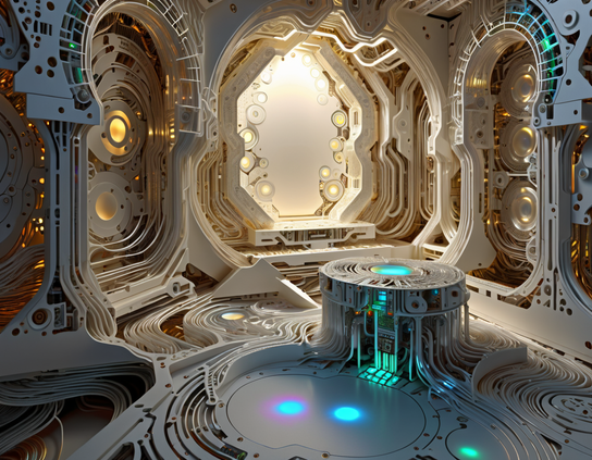 Control room of a spaceship with a completely robotic crew. The intricate metallic designs and glowing lights of the futuristic technology creates a high-tech and sci-fi ambiance.
