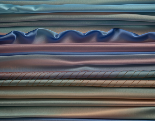 A collection of soft imaginary fabrics in gradient colors, arranged in loose layers, with aquas and blues at the top and bronze greens below.
