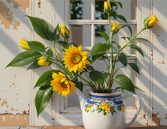 A white ceramic jug, filled with vibrant sunflowers and decorated with a blue and yellow floral pattern, spruces up an aged window with peeling paint.