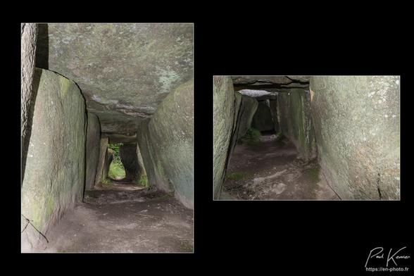 diptyque sur fond noir de l'intérieur de l'allée couverte. sur la première photo en format vertical, on voit une ouverture à l'extrémité du monument constitué par des dalles de granite relativement plates tant sur les côtés que pour le plafond. Sur la seconde photo en format horizontal prise vers l'autre extrémité fermée par une dalle de séparation avec une cellule carrée, on devine très difficilement sur la première dalle à droite, une sculpture en bas relief.