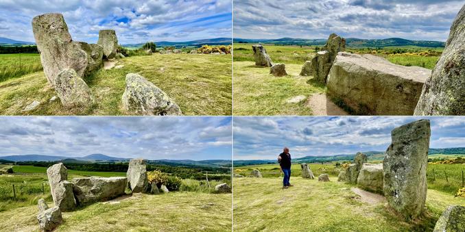 Four photo collage: grey recumbent stone, two flankers and smaller stones; pale green very short grass; blue/green hills in the background; cloudy blue/grey skies.