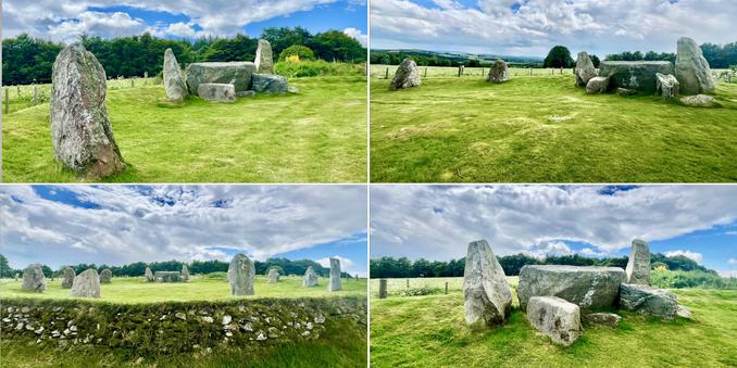 Four photo collage: grey recumbent stone, two flankers and smaller stones in a circle; bright green short grass; deep green woodland in background; striking white/grey cloud patterns and blue sky.