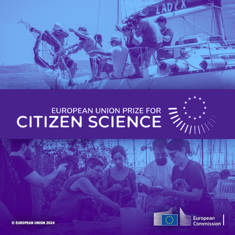 A visual with two photos. At the top, a group of people on a catamaran. At the bottom, a group of people checking seeds inside a greenhouse. In the centre, the logo of the European Union Citizen Science Prize.