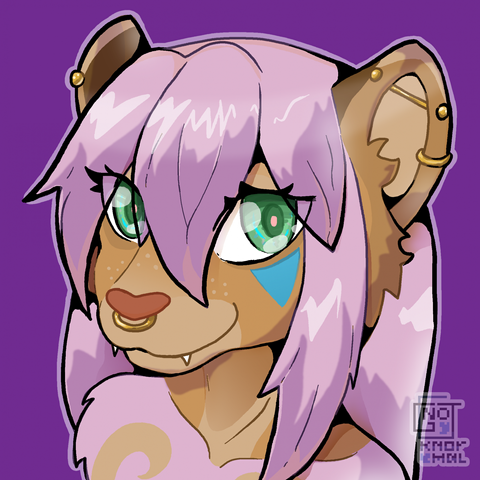 A headshot of an anthropomorphic lioness, with pink hair and pink markings on her chest, and piercings in her ears and nose