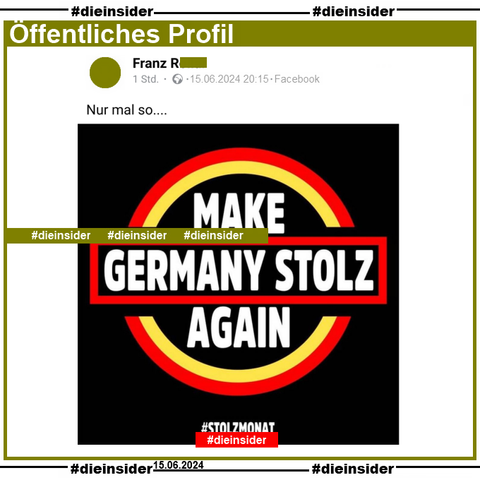 Auf seinem öffentlichen Profil schreibt der Verfasser "Nur mal so...." und postet ein Bild in Deutschlandfarben, auf dem "Stolzmonat. Make Germany Stolz Again." steht.