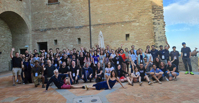 56 students, 7 assistant tutors and 11 tutors (including the two directors) of the international semantic web research summer school 2024 in Bertinoro castle (the inner courtyard). Harald and Valentina in the front...