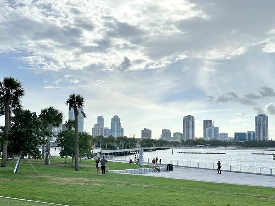 A scenic daytime view of the waterfront in St. Petersburg, Florida, taken from the St. Petersburg Pier. The foreground features a well-manicured grassy area with palm trees and a few people strolling and taking pictures. The pathway along the water is populated with individuals enjoying the view. The background showcases the city skyline with a variety of tall buildings against a partly cloudy sky. The water is calm, and the overall atmosphere is peaceful and relaxed, highlighting the blend of urban and natural beauty