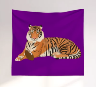 Our tiger mascot is playing football, as shown on a banner or wall tapestry.