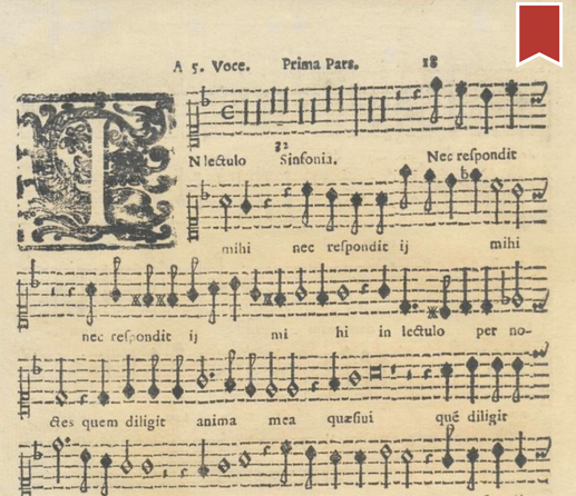 Extract of the canto part of the first edition of Schütz's Symphoniae sacrae I, Op. 6. The clef is C1 (i.e. middle C is on the first line of the stave) and it is printed in blocks with no bar lines. The first letter is ornamented. The text is in Latin.