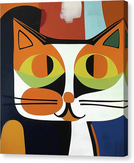 A canvas print of a brightly colored, stylized representation of a cat's face dominates the composition, featuring large green and orange eyes and distinct black and white patterns. Modern cat art by Lisa S Baker.