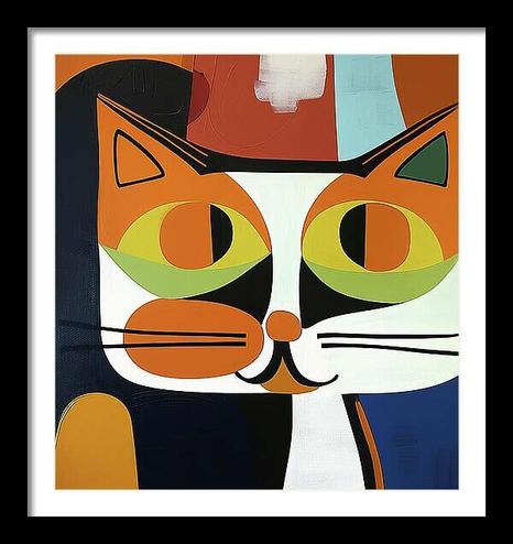A framed print of a brightly colored, stylized representation of a cat's face dominates the composition, featuring large green and orange eyes and distinct black and white patterns. Modern cat art by Lisa S Baker.