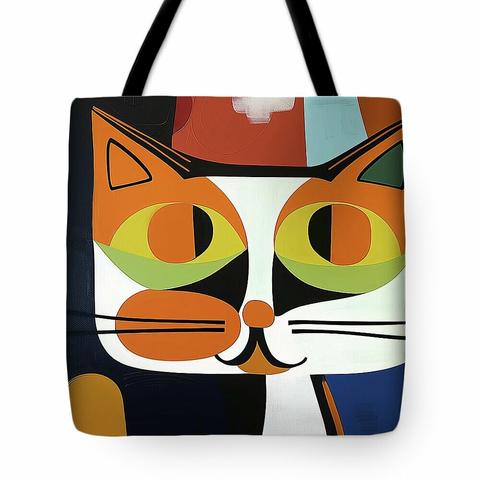 A tote bag of a a brightly colored, stylized representation of a cat's face dominates the composition, featuring large green and orange eyes and distinct black and white patterns. Modern cat art by Lisa S Baker.