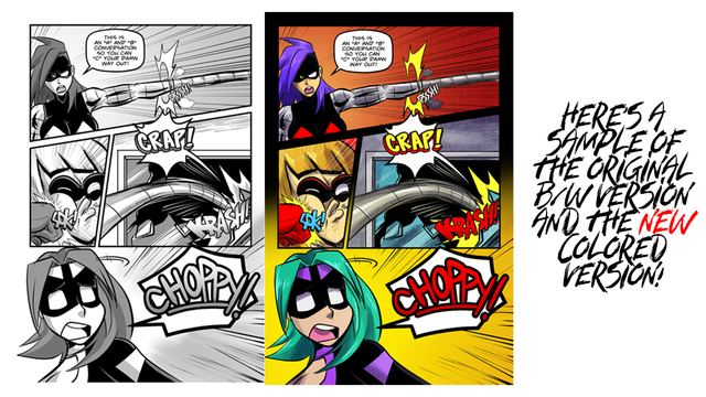 Image comparing the black and white comic page vs the final colored version