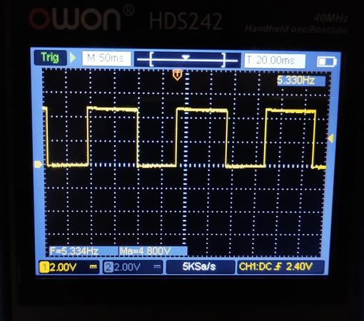 the output captured on my oscilloscope showing 5.33 Hz square wave