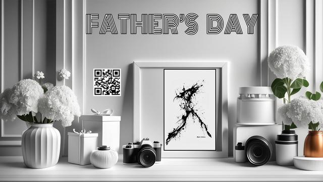 Father's day celebration set in a white background with a camera and a black and white ink drawing (art by Rafael Salazar) for Dad on his day.