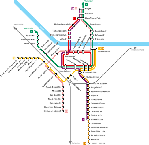 A line map of the Heidelberg tram network.
