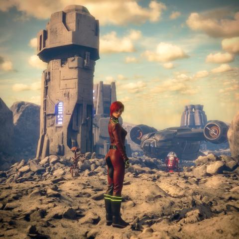 Description by ChatGPT: 
The image is a Star Wars-themed 3D render set in a rocky, desolate landscape with a partly cloudy sky. A woman with short red hair stands confidently in the foreground, facing the viewer with her body slightly turned. She wears a tight-fitting, red and black jumpsuit with yellow neon accents, suggesting a futuristic, pilot-like appearance. Her expression is calm and determined.

Behind her is a tall, cylindrical stone structure, reminiscent of ancient ruins or outposts in the Star Wars universe. The structure is weathered and has glowing blue panels.

To her left, a small rugged droid with various gadgets stands on the rocky ground. In the background, a large spaceship is partially visible, landed on the terrain. The ship has a sleek design with two large engines. Near the ship, another red and white droid, similar to an R2-series astromech, is seen.

The landscape is filled with boulders and uneven ground, creating a harsh environment. Natural sunlight casts soft shadows, adding depth.

Overall, the image captures a Star Wars adventure with technology in a rugged landscape, featuring characters ready for exploration. The detailed textures and lighting create a realistic, immersive scene.
