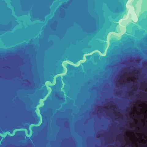 Elevation of North Saskatchewan river with the river (lowest areas) coloured lighter than higher areas