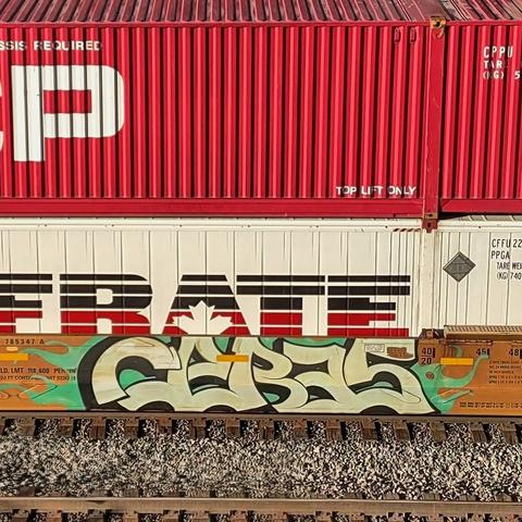 Train car with graffiti rolling through Kamloops BC Canada