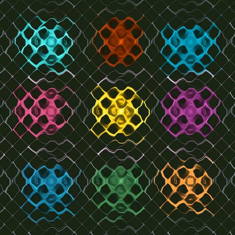 Nine fractal globs, arranged in a 3x3 square, each with different bright colors, atop a base pattern of diagonally-oriented squares like a chain-link fence but warped in a chaotic manner.