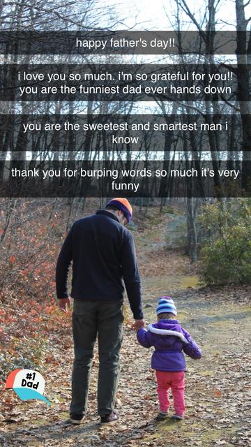 A picture of a father and his young daughter walking through a wooded path, shared through some modern social app. The image has text layered on top, which are sweet sentiments from the daughter to her Dad (me, this extremely proud guy/Dad)