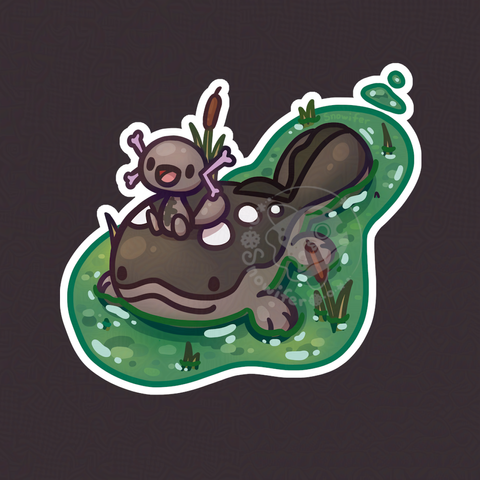 A Paldean Wooper riding a Clodsire through water.