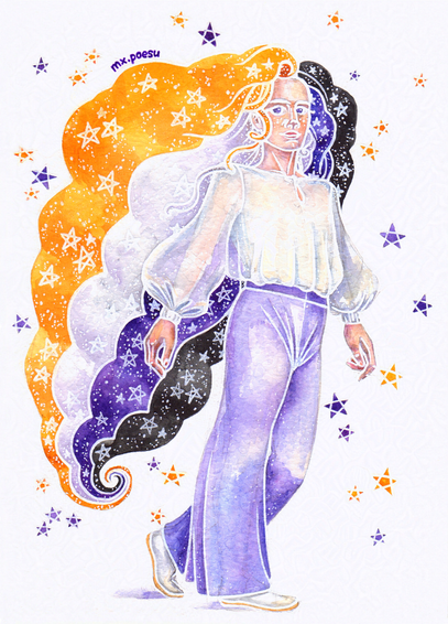 Drawing of a person walking confidently. Their dyed hair is wavering as if it's a nonbinary flag. There're little purple and yellow stars around them.