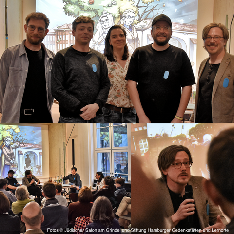 Oben Gruppenfoto vlnr: Liad Shadmi, Markus Bassermann, Nicole Mattern und Sebastian Schulz; Blick aus Publikum auf Gesprächsrunde; ich am Mikrofon, Hintergrund: Bilder des Gedenkstättenbesuchs.