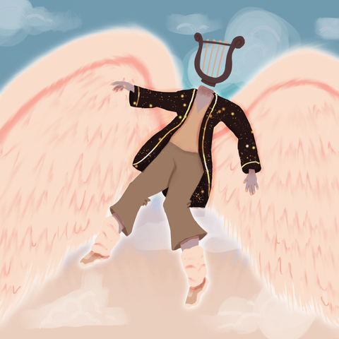A digital painting of an angel with a lyre for a head. Her arms are outstretched and she is flying through the sky. She is wearing a black cardigan with golden stars embroidered on, a yellow sweater, boot-cut pants, yellow legwarmers, and yellow sneakers. She also has yellow nail polish. The painting itself feels very soft and comfortable.