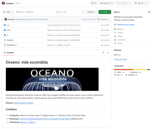 Repositório do website da exposição Oceano: vida escondida