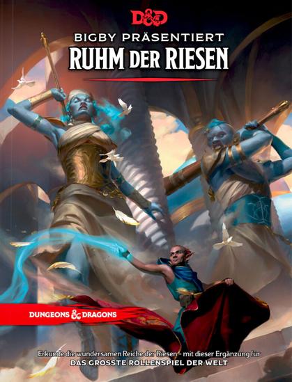 Zwischen den Bögen einer Halle, die Riesengröße hat: Zwei blauhäutige Riesen, mit erhobenen Waffen und goldener Rüstung, blicken zornig auf eine kleinere Figur mit spitzen Ohren, die auf einem fliegenden Teppich reitend, einen Zauber wirkt, der durch einen blauen Schleier dargestellt wird.
