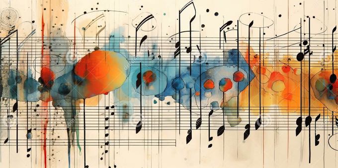 art from Koldunova at Dreamstime.com: musical score with various colored notes representing harmonious balance, concept of Visual representation of harmony and Color-coded synchronicity, created with Generative AI technology