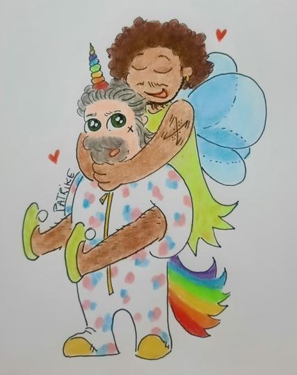 lzzy dressed as a unicorn, blue, pink
and white skin and rainbow-colored
horn and tail. Roach dressed as a fairy
with a green dress and shoes, and blue
wings