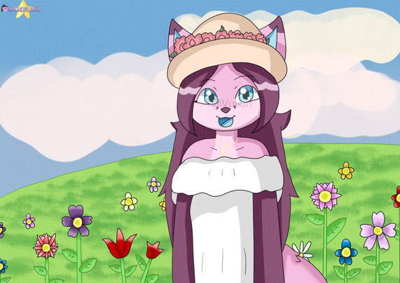 A drawing of a pink fox in a summer hat with flowers and summer dress.

Background is a flower field during autumn.