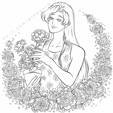 A digital sketch of a woman with long hair and a flower printed summer dress smiling at the carnation flower she's holding in her hands. She is framed by a crescent in the form of carnations, sweet peas, and forget-me-nots.