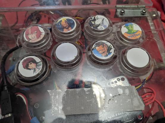 overhead, zoomed in view of an arcade style fight stick controller. The 8 buttons are arranged in an ergonomic shape. The entire body of the arcade stick is made from clear plastic and red fabric is visible beneath it

Some of the buttons feature pictures of fighting game characters

top row: Marisa (Street Fighter 6), Birdie (Street Fighter 5), Hakumen (Blazblue), Piccolo (DragonBall FighterZ)

bottom row: Mila (Dead or Alive 6), none, Dudley (Street Fighter 4), none