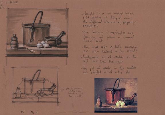 a brown page with two thumbnail studies after a Chardin still life with a copper pot, a pepper grinder, a pestle and mortar, and three eggs. One of the thumbnails linear, one a tonal study. some hand written notes to the right of the sketches, in the bottom the reference image is pasted in