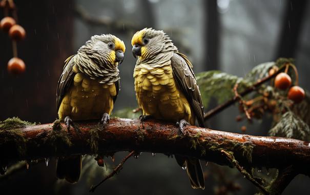 photo - parrots on a branch in the rain, Amazon Rain Forest