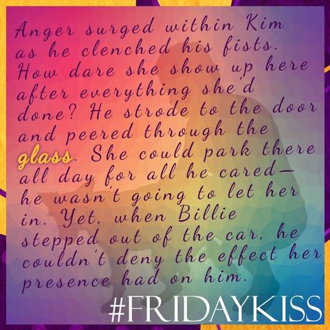 Background: silhouette of a man kneeling next to a dog.
Border: purple and orange blobs, dots, and lines.
Text: #FridayKiss. Quote: Anger surged within Kim as he clenched his fists. How dare she show up here after everything she'd done? He strode to the door and peered through the 𝗴𝗹𝗮𝘀𝘀. She could park there all day for all he cared—he wasn’t going to let her in. Yet, when Billie stepped out of the car, he couldn’t deny the effect her presence had on him.