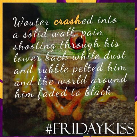 Background: Image of a frog with orange eyes and paws on a branch against a grassy green background.
Border: purple and orange blobs, dots, and lines.
Text: #FridayKiss. Quote: Wouter 𝗰𝗿𝗮𝘀𝗵ed into a solid wall, pain shooting through his lower back while dust and rubble pelted him and the world around him faded to black.