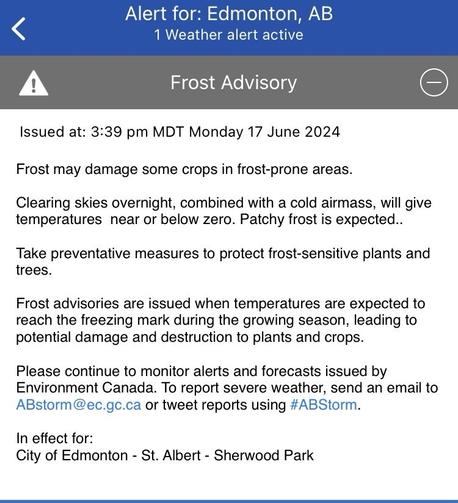 Environment Canada Alert for: Edmonton, AB
Frost Advisory
Issued at: 3:39 pm MDT Monday 17 June 2024
Frost may damage some crops in frost-prone areas.
Clearing skies overnight, combined with a cold airmass, will give temperatures near or below zero. Patchy frost is expected..
Take preventative measures to protect frost-sensitive plants and trees.
Frost advisories are issued when temperatures are expected to reach the freezing mark during the growing season, leading to potential damage and destruction to plants and crops.
Please continue to monitor alerts and forecasts issued by Environment Canada. To report severe weather, send an email to ABstorm@ec.gc.ca or tweet reports using #ABStorm.
In effect for:
City of Edmonton - St. Albert - Sherwood Park