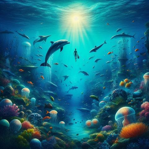 ③«Create by Bing Image Creator»
A captivating underwater deep sea scene filled with vibrant and exotic aquatic life. A single dolphin and a human swim together, surrounded by colorful fish, jellyfish and other marine life. The water is a mesmerizing mix of deep blue and turquoise, and the sunlight filtering through the water gives it a golden glow. In the background is a vast underwater landscape with rippling coral reefs and large rocks. The overall atmosphere is romantic and serene, with a sense of adventure and discovery.