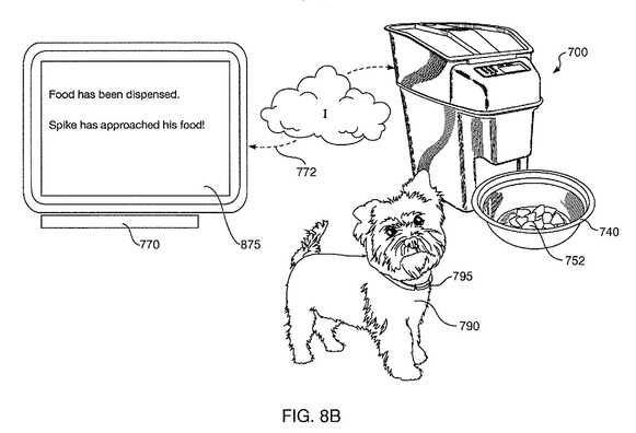 Line drawing of an automated pet feeder and a small, displeased dog named Spike.
