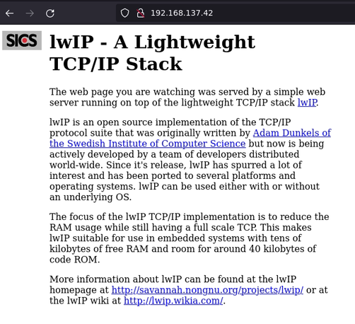 The lwip webserver example page being shown in a browser, hosted at the IP 192.168.137.42.
It is hosted by the CH32V208 module.