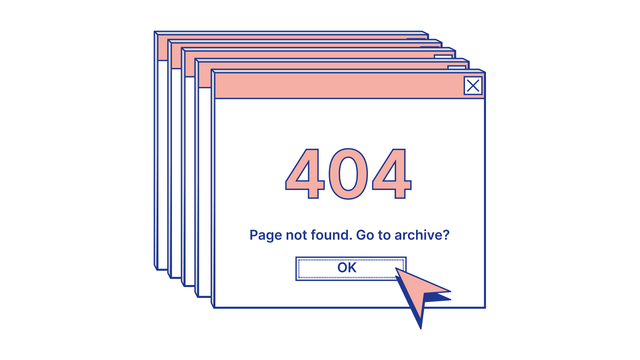 Rechteckige Weiß- und rosafarbene Grafik auf weißem Hintergrund. Grafik: Computerfehlermeldung  Text: 404 Page not found. Go to archive? Darstellung eines Mauscursors über einem OK-Button.