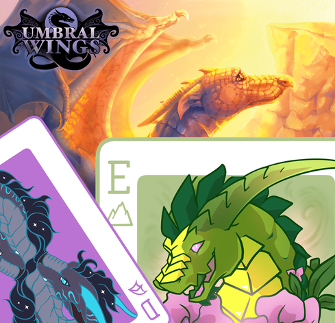 Preview image showcasing a sneak peak of a sighthound-based dragon painted in vibrant oranges and blues, as well as a peek at a couple of royal face card styled dragon heads. There is a logo of a purple and black dragon in the corner that says "Umbral Wings".