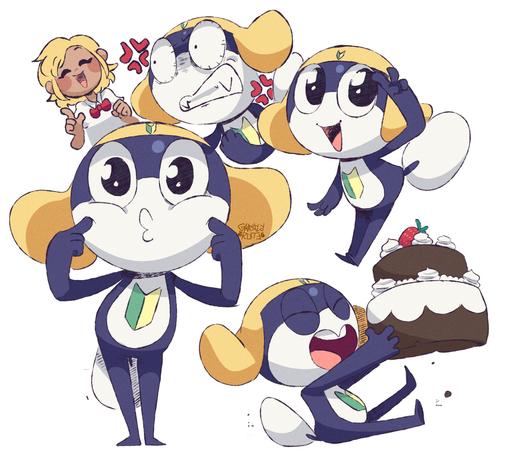 Digital illustrations of Tamama from SGT Frog/Keroro Gunsou. 

Consists of four drawings of Tamama. One with him looking at the viewer with a silly expression and his fingers poking his cheeks. One with him standing cutely in salute. One with him sitting and excitedly about to eat a whole ass two tier chocolate cake. And the last one of him giving a violently angry stare at Angol Mois, who is just smiling innocently.