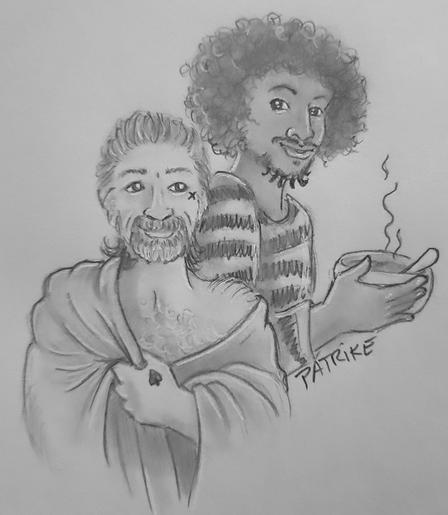 Izzy wrapped in a blanket, with one shoulder provocatively exposed, Roach looks at him from behind, he has a bowl of soup in his hands and his shirt has... long sleeves