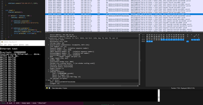 Screenshot of overlapping Wireshark, serial console, terminal and IDE windows.
Wireshark: TCP packets getting sent between the CH32 board and the PC.
Serial console: Debug print from the CH32, mostly the echoed "Hello World!" message.
Terminal: The ncat echo script running.
IDE: Some sample code to send a TCP message and print incoming TCP data to the serial port.