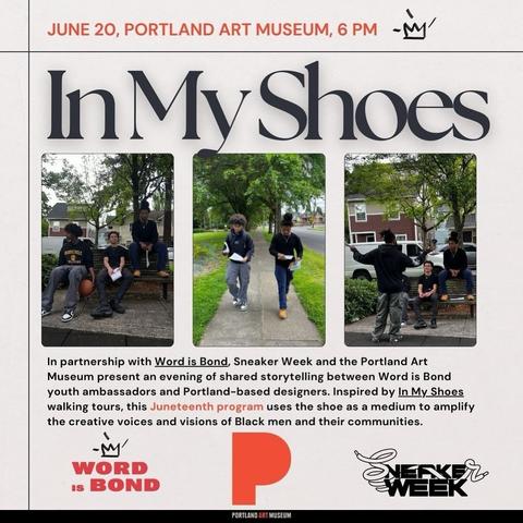 In My Shoes event flyer with black and red text on gray background and three color photos in row of kids outside walking and standing in groups
